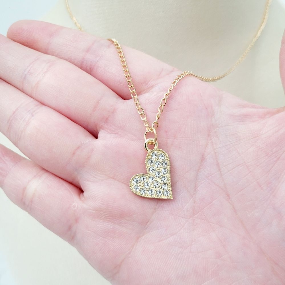 Brand New Gold Tone Heart Rhinestone Necklace #1
